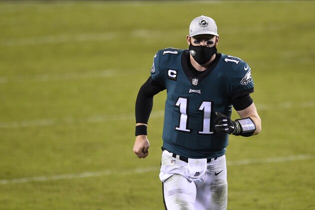 Philadelphia Eagles' Carson Wentz jogs off the field after an NFL football game against the Seattle Seahawks, Monday, Nov. 30, 2020, in Philadelphia. (AP Photo/Derik Hamilton)