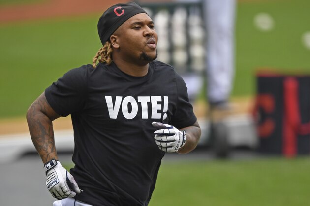 Cleveland Indians' Jose Ramirez runs before Game 1 of an American League wild-card baseball series against the New York Yankees, Tuesday, Sept. 29, 2020, in Cleveland. (AP Photo/David Dermer)