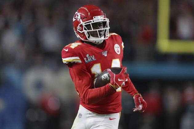 Kansas City Chiefs wide receiver Sammy Watkins (14) runs the ball up the field during the second half of the NFL Super Bowl 54 football game between the San Francisco 49ers and Kansas City Chiefs Sunday, Feb. 2, 2020, in Miami Gardens, Fla. The Kansas City Chiefs won 31-20. (AP Photo/Steve Luciano) Kansas City Chiefs wide receiver Sammy Watkins (14) runs the ball up the field during the second half of the NFL Super Bowl 54 football game between the San Francisco 49ers and Kansas City Chiefs Sunday, Feb. 2, 2020, in Miami Gardens, Fla. The Kansas City Chiefs won 31-20. (AP Photo/Steve Luciano)
