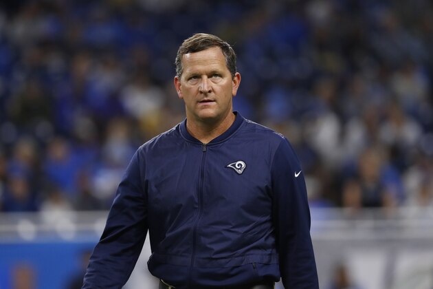 Los Angeles Rams linebackers and assistant head coach Joe Barry watches during an NFL football game against the Detroit Lions in Detroit, Sunday, Dec. 2, 2018. (AP Photo/Paul Sancya)