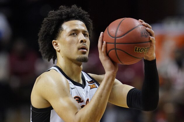 Oklahoma State guard Cade Cunningham during an NCAA college basketball game against Arkansas, Saturday, Jan. 30, 2021, in Stillwater, Okla. (AP Photo/Sue Ogrocki)