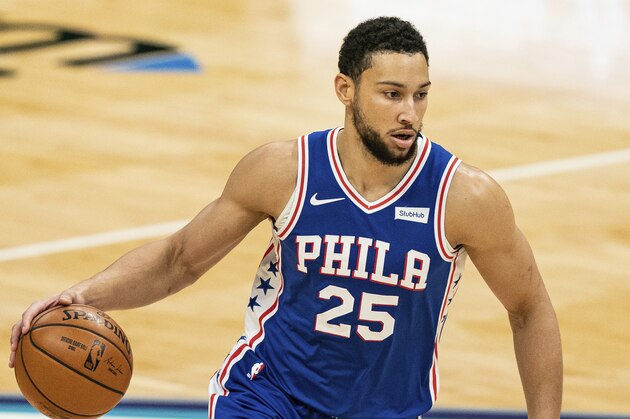Philadelphia 76ers guard Ben Simmons (25) brings the ball up court against the Charlotte Hornets during an NBA basketball game in Charlotte, N.C., Wednesday, Feb. 3, 2021. (AP Photo/Jacob Kupferman)