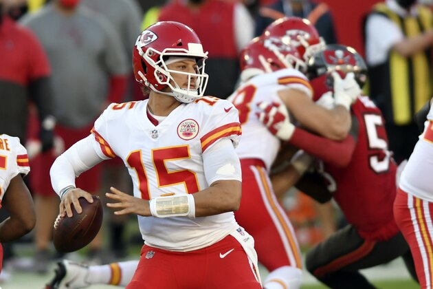 Kansas City Chiefs quarterback Patrick Mahomes (15) throws a pass against the Tampa Bay Buccaneers during the first half of an NFL football game Sunday, Nov. 29, 2020, in Tampa, Fla. (AP Photo/Jason Behnken)
