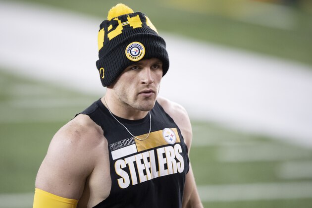 Pittsburgh Steelers outside linebacker T.J. Watt (90) prior to an NFL football game against the Cincinnati Bengals, Monday, Dec. 21, 2020, in Cincinnati. (AP Photo/Emilee Chinn)
