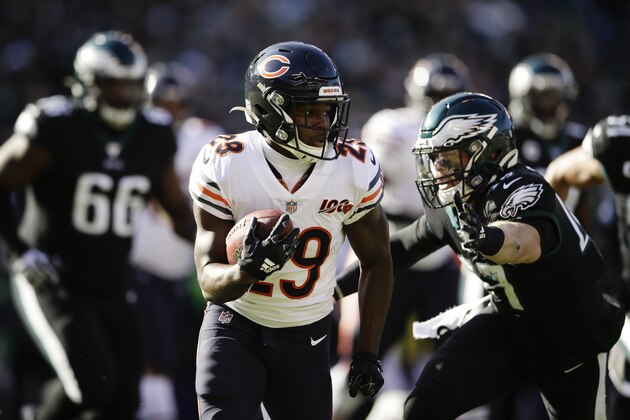 Chicago Bears' Tarik Cohen in action during an NFL football game against the Philadelphia Eagles, Sunday, Nov. 3, 2019, in Philadelphia. (AP Photo/Matt Rourke)