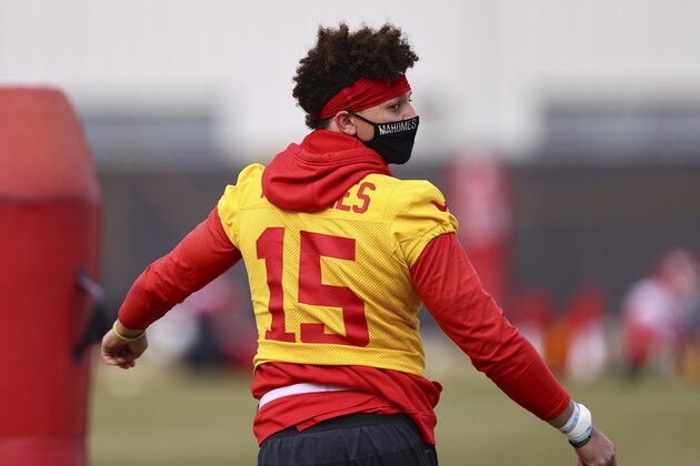 Kansas City Chiefs Quarterback Patrick Mahomes (15) during NFL football practice Friday, Feb. 5, 2021, in Kansas City, Mo. The Chiefs will face the Tampa Bay Buccaneers in Super Bowl 55. (Steve Sanders/Kansas City Chiefs via AP)