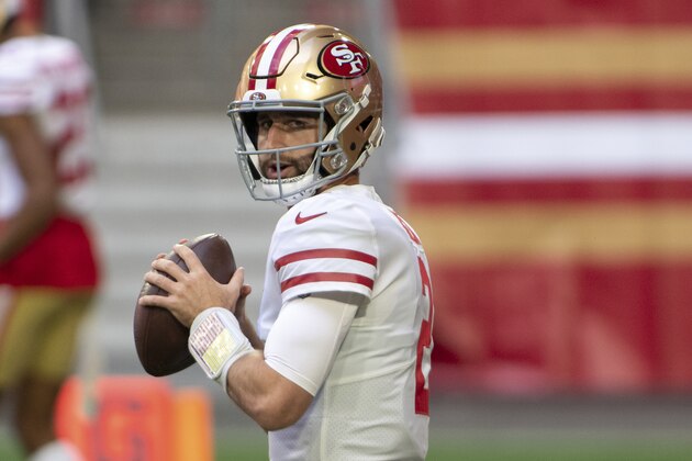 San Francisco 49ers quarterback Josh Rosen (2) warms prior to an NFL football game against the Seattle Seahawks, Sunday, Jan. 3, 2021, in Glendale, Ariz. (AP Photo/Jennifer Stewart)
