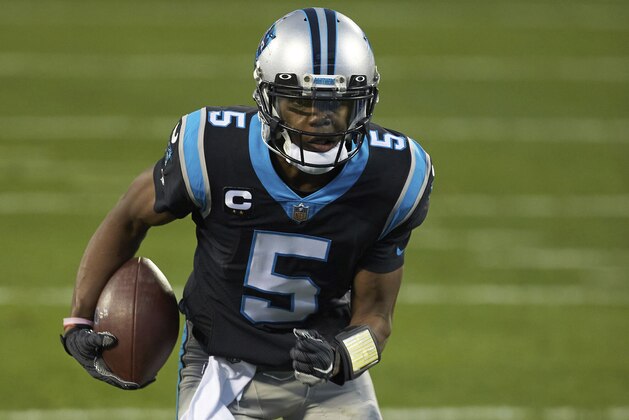 Carolina Panthers quarterback Teddy Bridgewater (5) during an NFL football game against the New Orleans Saints, Sunday, Jan. 3, 2021, in Charlotte, N.C. (AP Photo/Brian Westerholt)