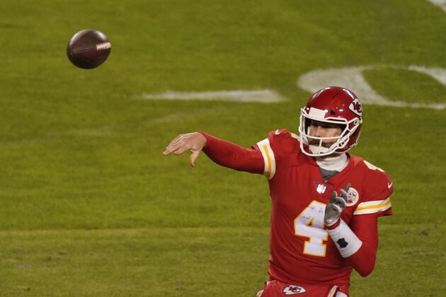 Kansas City Chiefs quarterback Chad Henne (4) throws a pass during the second half of an NFL football game against the Los Angeles Chargers, Sunday, Jan. 3, 2021, in Kansas City. (AP Photo/Charlie Riedel)