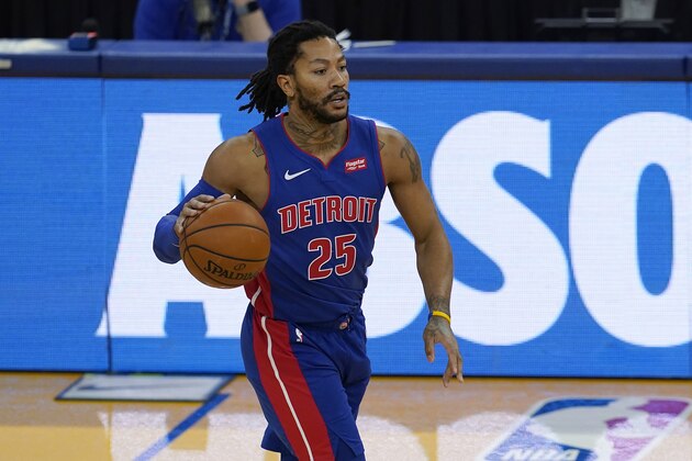 Detroit Pistons guard Derrick Rose (25) against the Golden State Warriors during an NBA basketball game in San Francisco, Saturday, Jan. 30, 2021. (AP Photo/Jeff Chiu)