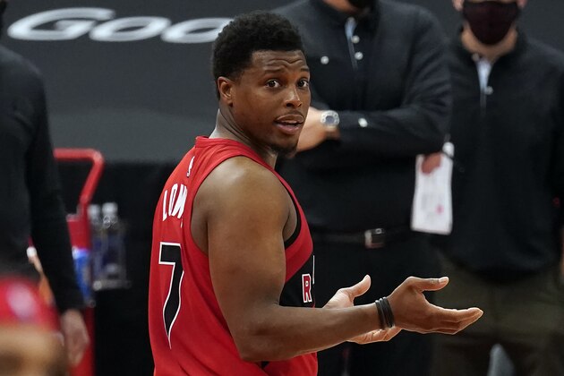 Toronto Raptors guard Kyle Lowry reacts to referee Natalie Sago (9) after he was called for his second technical foul during the second half of an NBA basketball game against the Sacramento Kings Friday, Jan. 29, 2021, in Tampa, Fla. (AP Photo/Chris O'Meara)