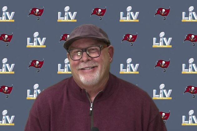 In this still image from video provided by the NFL, Tampa Bay Buccaneers head coach Bruce Arians speaks during Super Bowl 55 Opening Night, Monday, Feb. 1, 2021. (NFL via AP)