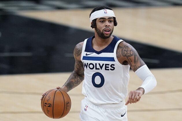 Minnesota Timberwolves guard D'Angelo Russell (0) during the second half of an NBA basketball game against the San Antonio Spurs in San Antonio, Wednesday, Feb. 3, 2021. (AP Photo/Eric Gay)