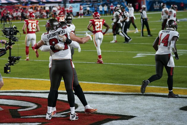 Tampa Bay Buccaneers tight end Rob Gronkowski celebrates after scoring against the Kansas City Chiefs during the first half of the NFL Super Bowl 55 football game, Sunday, Feb. 7, 2021, in Tampa, Fla. (AP Photo/David J. Phillip)