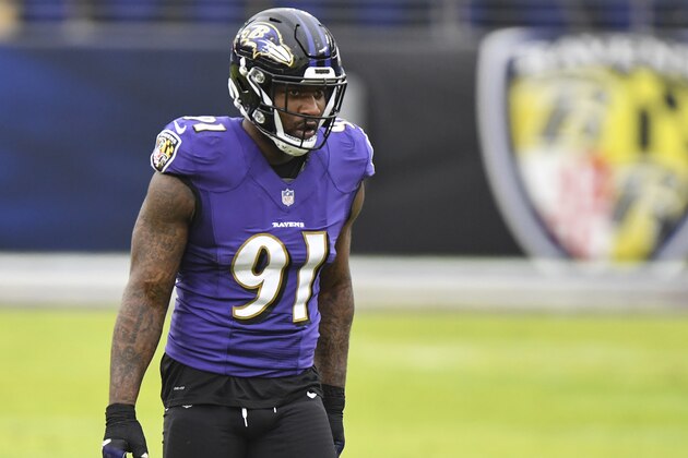 Baltimore Ravens defensive end Yannick Ngakoue (91) looks on during the second half of an NFL football game against the Jacksonville Jaguars, Sunday, Dec. 20, 2020, in Baltimore. (AP Photo/Terrance Williams)
