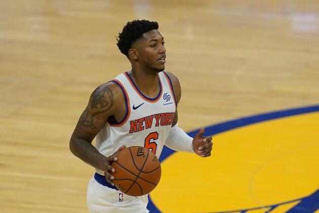 New York Knicks guard Elfrid Payton against the Golden State Warriors during an NBA basketball game in San Francisco, Thursday, Jan. 21, 2021. (AP Photo/Jeff Chiu)
