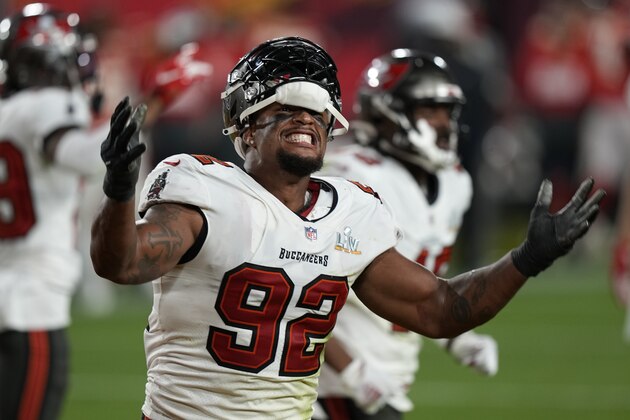 Tampa Bay Buccaneers defensive end William Gholston celebrates during the second half of the NFL Super Bowl 55 football game against the Kansas City Chiefs, Sunday, Feb. 7, 2021, in Tampa, Fla. The Tampa Bay Buccaneers won 31-9. (AP Photo/David J. Phillip)