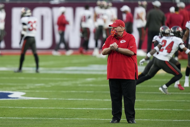 Kansas City Chiefs head coach Andy Reid stands on the field before the NFL Super Bowl 55 football game between the Kansas City Chiefs and Tampa Bay Buccaneers, Sunday, Feb. 7, 2021, in Tampa, Fla. (AP Photo/David J. Phillip)