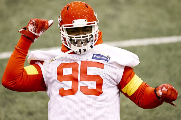 Kansas City Chiefs Defensive Tackle Chris Jones (95) stretching during NFL football practice Thursday, Feb. 4, 2021, in Kansas City, Mo. The Chiefs will face the Tampa Bay Buccaneers in Super Bowl 55. (Steve Sanders/Kansas City Chiefs via AP)