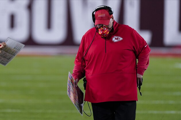 Kansas City Chiefs head coach Andy Reid walks to the sidelines during the second half of the NFL Super Bowl 55 football game against the Tampa Bay Buccaneers, Sunday, Feb. 7, 2021, in Tampa, Fla. (AP Photo/Mark Humphrey)