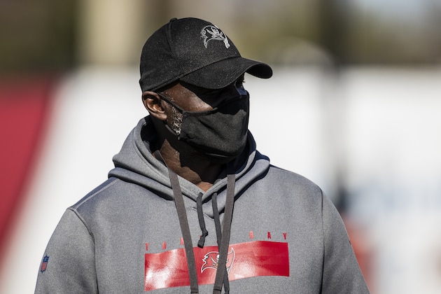 Tampa Bay Buccaneers Defensive Coordinator Todd Bowles during NFL football practice, Wednesday, Feb. 3, 2021 in Tampa, Fla. The Buccaneers will face the Kansas City Chiefs in Super Bowl 55. (Kyle Zedaker/Tampa Bay Buccaneers via AP)