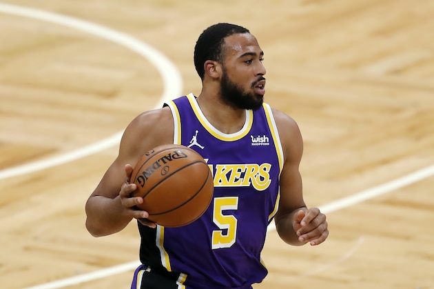 Los Angeles Lakers' Talen Horton-Tucker plays against the Boston Celtics during the first half of an NBA basketball game, Saturday, Jan. 30, 2021, in Boston. (AP Photo/Michael Dwyer)