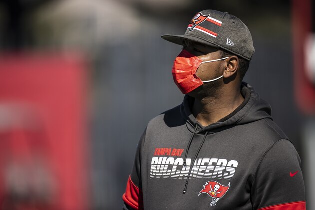 Tampa Bay Buccaneers Offensive Coordinator Byron Leftwich during NFL football practice, Thursday, Feb. 4, 2021 in Tampa, Fla. The Buccaneers will face the Kansas City Chiefs in Super Bowl 55. (Kyle Zedaker/Tampa Bay Buccaneers via AP)
