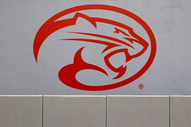A detail view of the Houston logo is seen during an Syracuse University at University of Houston NCAA softball game, Friday, Feb. 21, 2020, in Houston. (AP Photo/Aaron M. Sprecher)