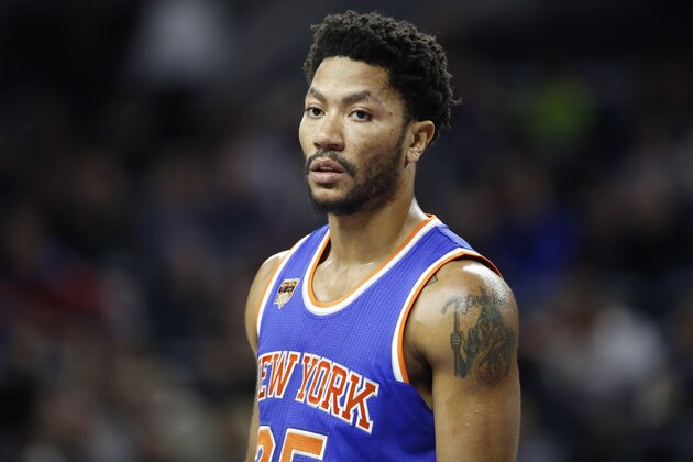 New York Knicks guard Derrick Rose is seen during the first half of an NBA basketball game against the Detroit Pistons, Saturday, March 11, 2017, in Auburn Hills, Mich. (AP Photo/Carlos Osorio)