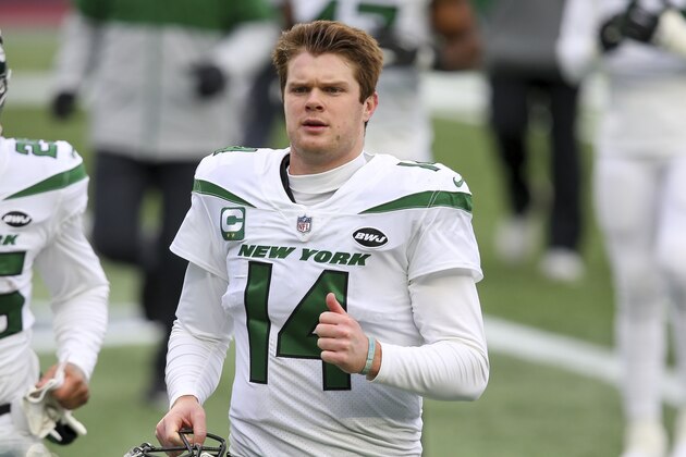 New York Jets quarterback Sam Darnold (14) prior to an NFL football game against the New England Patriots, Sunday, Jan. 3, 2021, in Foxborough, Mass. (AP Photo/Stew Milne)