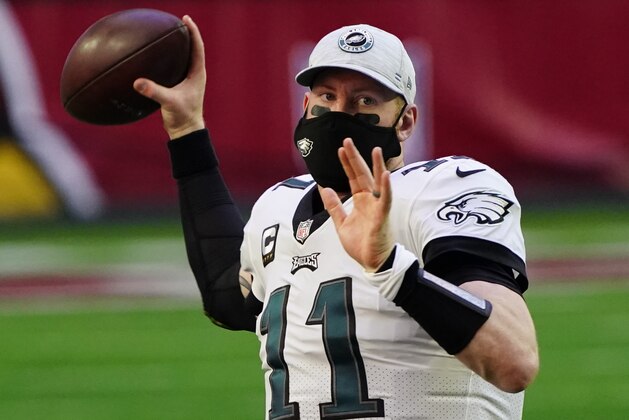Philadelphia Eagles quarterback Carson Wentz (11) during the first half of an NFL football game against the Arizona Cardinals, Sunday, Dec. 20, 2020, in Glendale, Ariz. (AP Photo/Rick Scuteri)