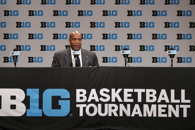 Big Ten commissioner Kevin Warren addresses the media in Indianapolis, Thursday, March 12, 2020, after it was announced that the remainder of the Big Ten Conference men's basketball tournament will be cancelled. (AP Photo/Michael Conroy)