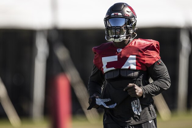 Tampa Bay Buccaneers inside linebacker Lavonte David during NFL football practice, Thursday, Feb. 4, 2021 in Tampa, Fla. The Buccaneers will face the Kansas City Chiefs in Super Bowl 55. (Kyle Zedaker/Tampa Bay Buccaneers via AP)