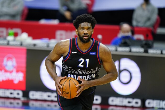 Philadelphia 76ers' Joel Embiid plays during an NBA basketball game against the Brooklyn Nets, Saturday, Feb. 6, 2021, in Philadelphia. (AP Photo/Matt Slocum)
