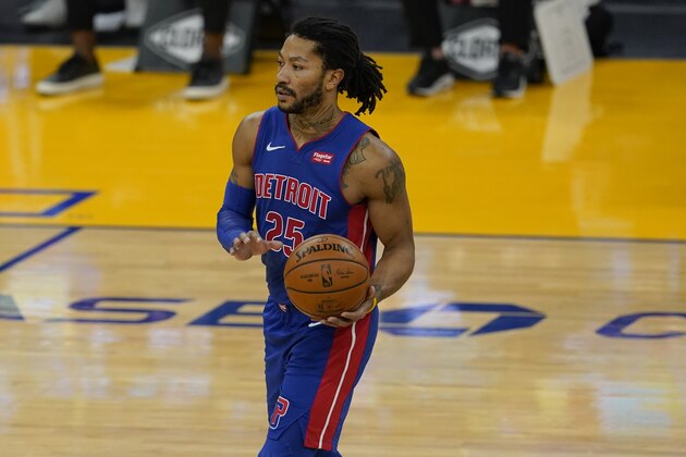 Detroit Pistons guard Derrick Rose against the Golden State Warriors during an NBA basketball game in San Francisco, Saturday, Jan. 30, 2021. (AP Photo/Jeff Chiu)