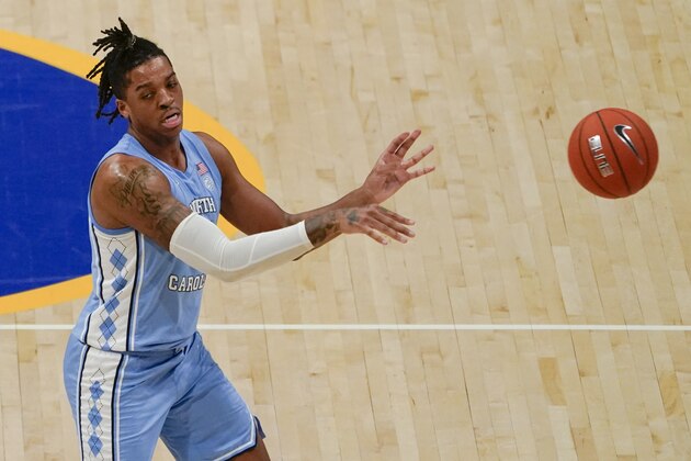 North Carolina's Armando Bacot (5) plays against Pittsburgh during an NCAA college basketball game, Tuesday, Jan. 26, 2021, in Pittsburgh. (AP Photo/Keith Srakocic)