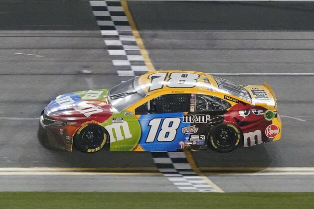 Kyle Busch (18) crosses the finish line to win the NASCAR Clash auto race at Daytona International Speedway, Tuesday, Feb. 9, 2021, in Daytona Beach, Fla. (AP Photo/John Raoux)