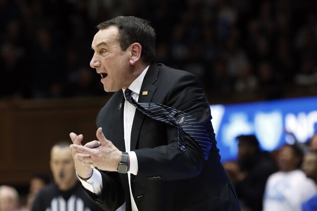 Duke head coach Mike Krzyzewski reacts during the second half of an NCAA college basketball game against North Carolina in Durham, N.C., Saturday, March 7, 2020. (AP Photo/Gerry Broome)