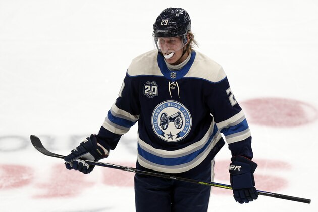 Columbus Blue Jackets forward Patrik Laine is seen against the Carolina Hurricanes during an NHL hockey game in Columbus, Ohio, Sunday, Feb. 7, 2021. The Hurricanes won 6-5. (AP Photo/Paul Vernon)