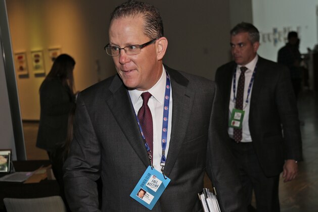 Houston Texans president Jamey Rootes arrives for the NFL fall meetings in New York, Tuesday, Oct. 16, 2018. (AP Photo/Seth Wenig)