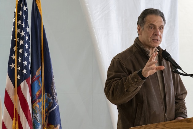 New York Gov. Andrew Cuomo speaks to reporters during a news conference at a COVID-19 pop-up vaccination site in the William Reid Apartments Saturday, Jan. 23, 2021 in the Brooklyn borough of New York. (AP Photo/Mary Altaffer, Pool)