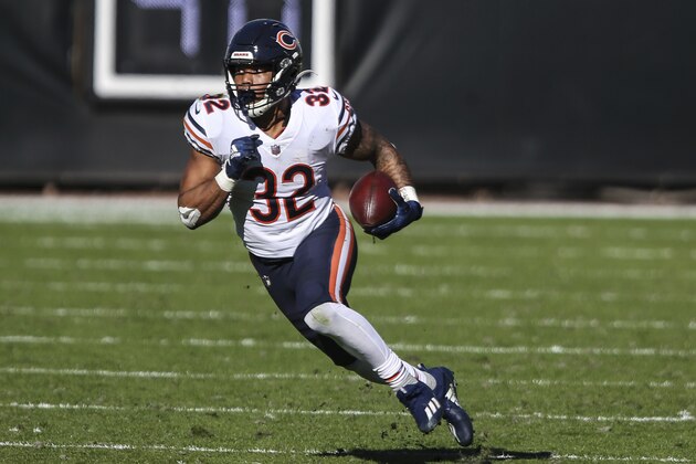 Chicago Bears running back David Montgomery (32) during the second half of an NFL football game against the Jacksonville Jaguars, Sunday, Dec. 27, 2020, in Jacksonville, Fla. Bears won 41-17. (AP Photo/Gary McCullough)