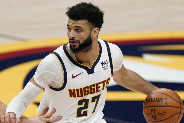 Denver Nuggets guard Jamal Murray (27) in the second half of an NBA basketball game Sunday, Jan. 31, 2021, in Denver. The Nuggets won 128-117. (AP Photo/David Zalubowski)