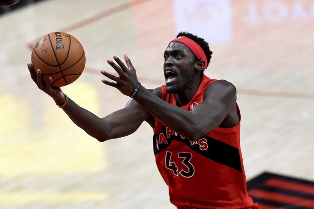 Toronto Raptors forward Pascal Siakam drives to basket during the second half of an NBA basketball game against the Portland Trail Blazers in Portland, Ore., Monday, Jan. 11, 2021. The Blazers won 112-111. (AP Photo/Steve Dykes)