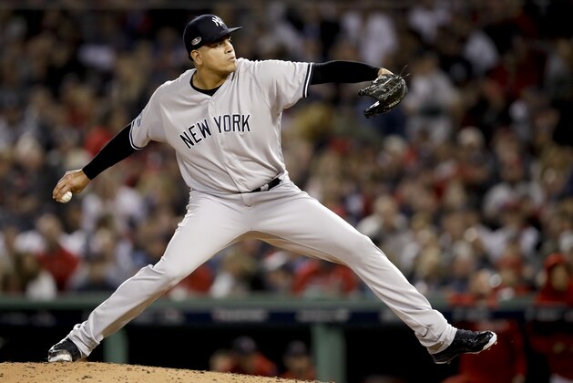 New York Yankees relief pitcher Dellin Betances throws against the Boston Red Sox during the sixth inning of Game 2 of a baseball American League Division Series on Saturday, Oct. 6, 2018, in Boston. (AP Photo/Charles Krupa)