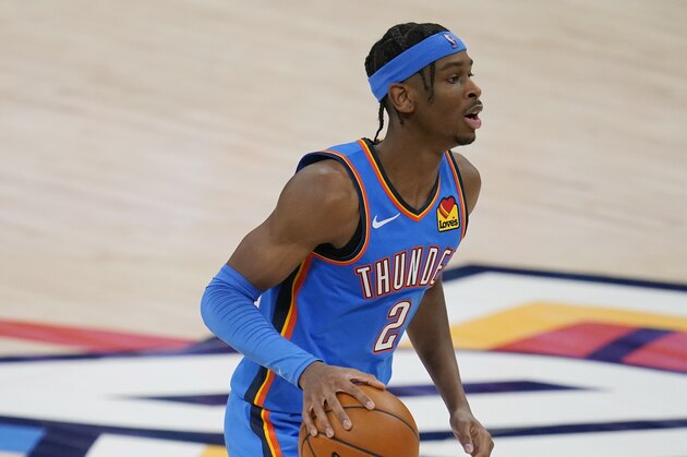 Oklahoma City Thunder guard Shai Gilgeous-Alexander (2) during an NBA basketball game against the Minnesota Timberwolves, Saturday Feb. 6, 2021, in Oklahoma City. (AP Photo/Sue Ogrocki)