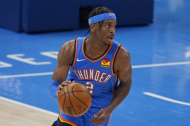 Oklahoma City Thunder guard Shai Gilgeous-Alexander (2) during an NBA basketball game against the Minnesota Timberwolves, Saturday Feb. 6, 2021, in Oklahoma City. (AP Photo/Sue Ogrocki)