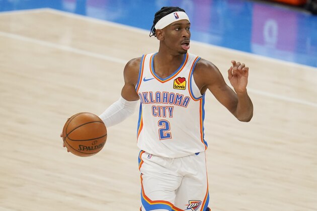 Oklahoma City Thunder guard Shai Gilgeous-Alexander (2) during an NBA basketball game against the Chicago Bulls, Friday, Jan. 15, 2021, in Oklahoma City. (AP Photo/Sue Ogrocki)