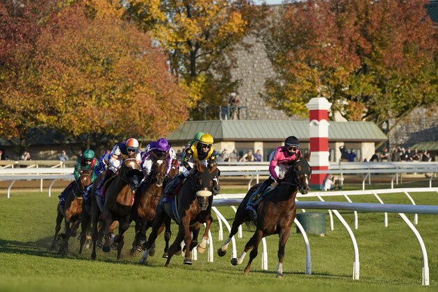 Manuel Franco on Channel Maker, front, leads the field around a turn in the the Breeders' Cup Turf horse race at Keeneland Race Course, in Lexington, Ky., Saturday, Nov. 7, 2020. Tarnawa, far left trailing, won the race. (AP Photo/Mark Humphrey)
