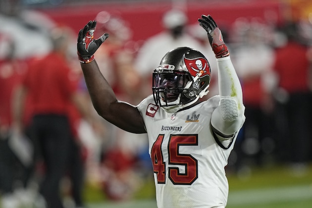 Tampa Bay Buccaneers inside linebacker Devin White reacts after making a stop against the Kansas City Chiefs during the first half of the NFL Super Bowl 55 football game Sunday, Feb. 7, 2021, in Tampa, Fla. (AP Photo/David J. Phillip)